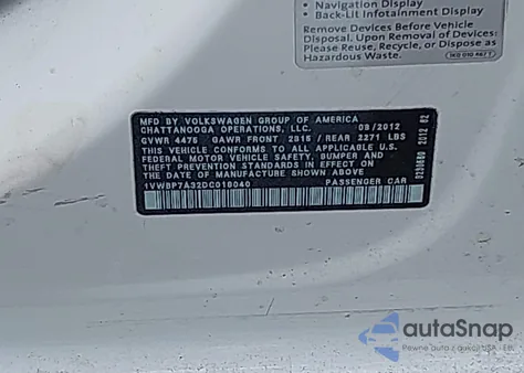 2013 Volkswagen Passat 2.5L Se из США, поврежденный, VIN 1VWBP7A32DC018040